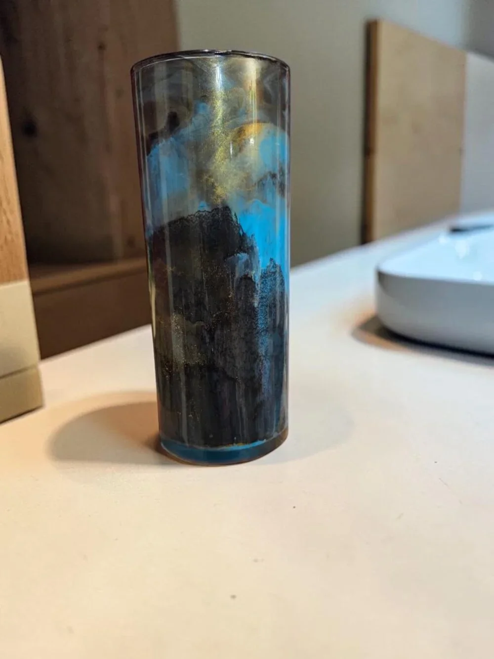 Handpainted OOAK Acrylic Pour Cylinder Vase, Teal Blue Black Gold, Unique Art